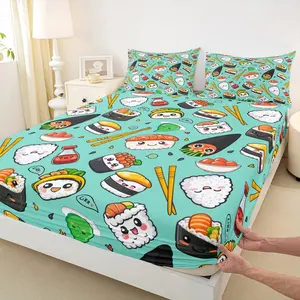 Cute Sushi Fitted Sheet,Japanese Style Food Bed Sheet,Delicious Sushi Print Bedding Set for Kids Boys Girls Adult Room Decor Colorful Green Blue Deep Pocket Sheet