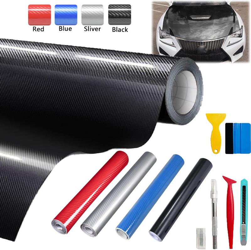 12" x 10FT / 30*300CM Gloss Carbon Fiber Car Wrap Vinyl Bubble Free Air Release Adhesive Car Wrap Film Roll Automotive DIY Decals With Installation Tools
