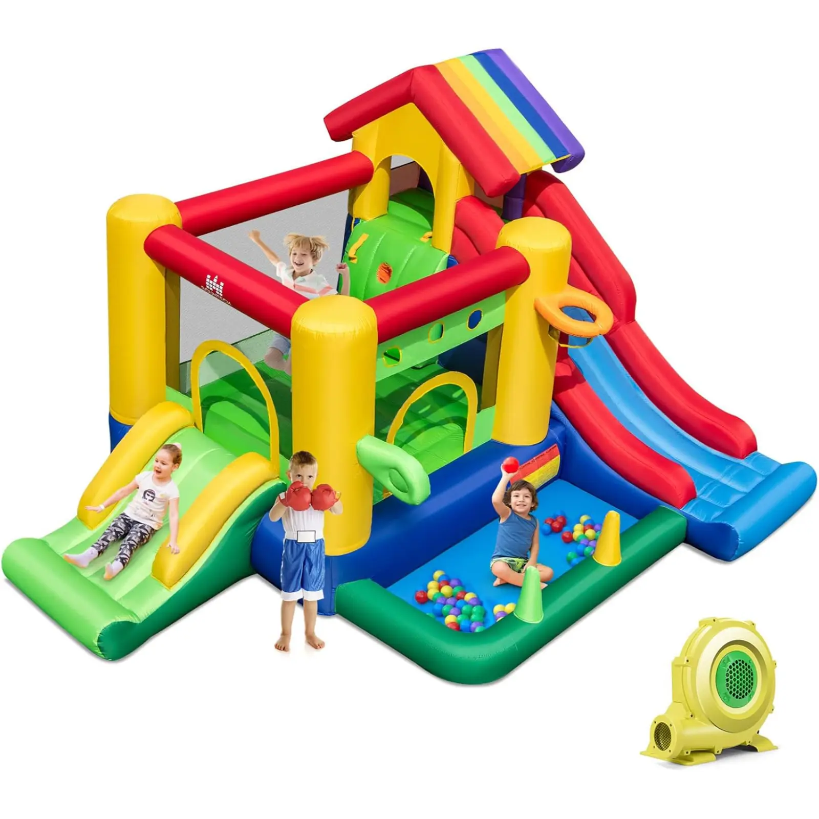 COSTZON Kiddie Inflatable Mini Bouncy Castle with Slide, Backyard Outdoor Playset, 151.5"x90.5"x128", 300 lbs Weight Capacity, PVC Material, Included Blower, 50 Ocean Balls, Easy Deflation, Rainbow Design, Kids Gift