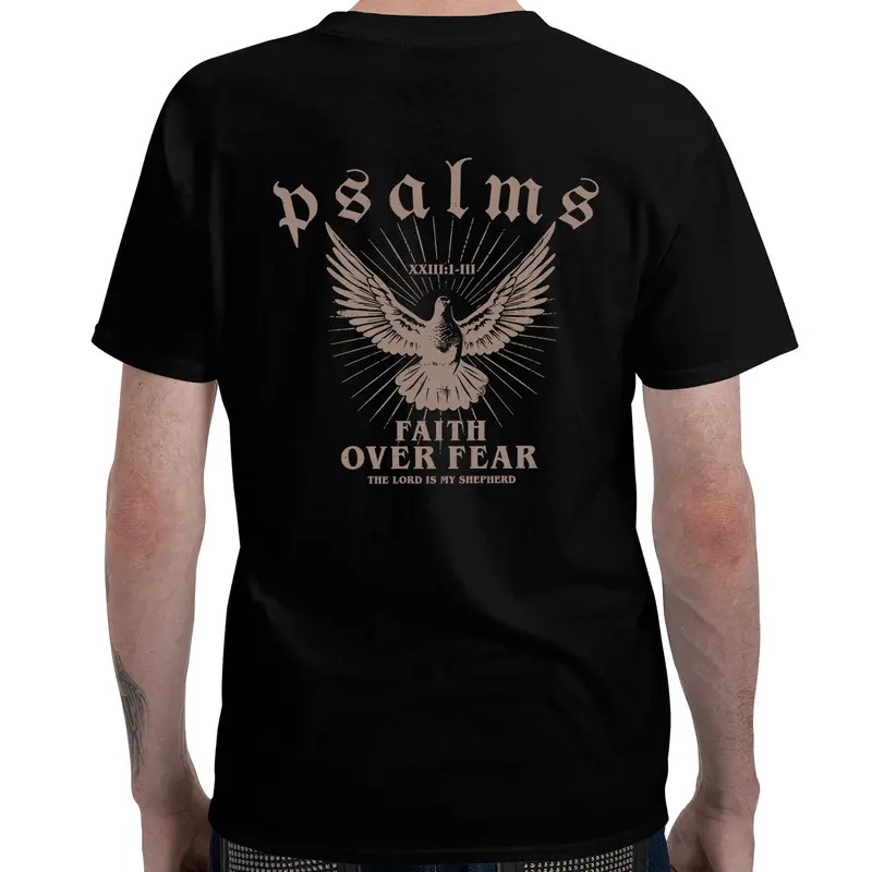 Faith Over Fear T-Shirt With Psalm 93 4 Design Loose Fit Crew Neck Short Sleeve For Men Casual Wear Sports Fan Gift In Glossy Black..