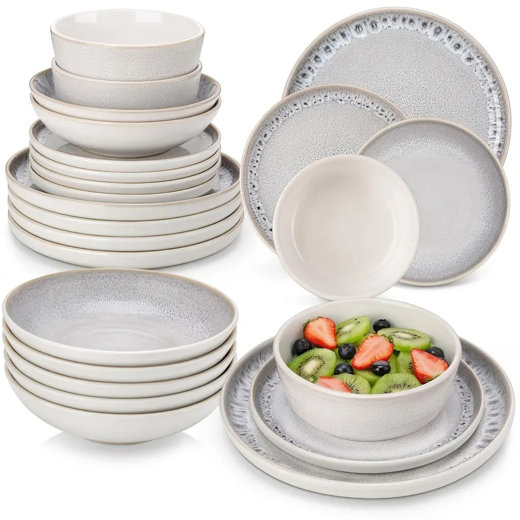 vancasso Stoneware Dinnerware Set – 16/18/24-Piece Plates and Bowls Set for 4/6, Reactive Glaze Mediterranean Style Crockery, Chip-Resistant, Dishwasher & Microwave Safe