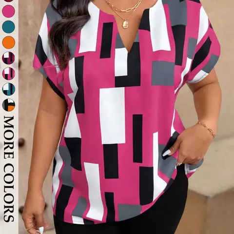 Women's Plus Size Geometric Print Blouse V-Neck Batwing Short Sleeve Color Block Shirts Casual Flowy Tunic Tops Office Workwear Daily Commute Trendy Chic Classy Tops