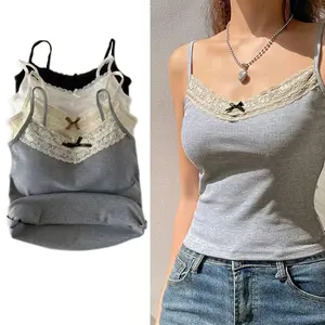 New Knitted Crop Top For Women Solid Color Lace Sling Tops Knitwear Tank Top Female Slim Camisole Sweet Short Beau Back Top
