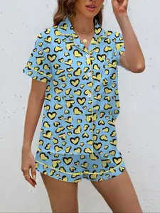 Women's Blue Heart Print Sleepwear Set, Casual Fitted Short Sleeve Top & Elastic Shorts, All-Season Home Wear