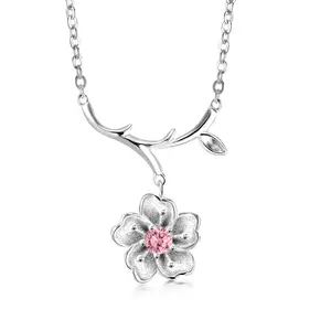 925 Sterling Silver Cherry Blossoms Necklace-16'+2' Chain, Cherry Blossoms Necklace, Flower Necklace, Blossoms Flower Charm Necklace, Silver Necklace, Hypoallergenic Necklace