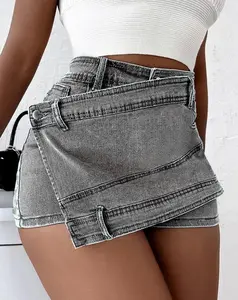 Y2K Street Vintage Denim Shorts: Stretchy Overlap Waist Wrap, Solid Asymmetrical Hem Mini Skort