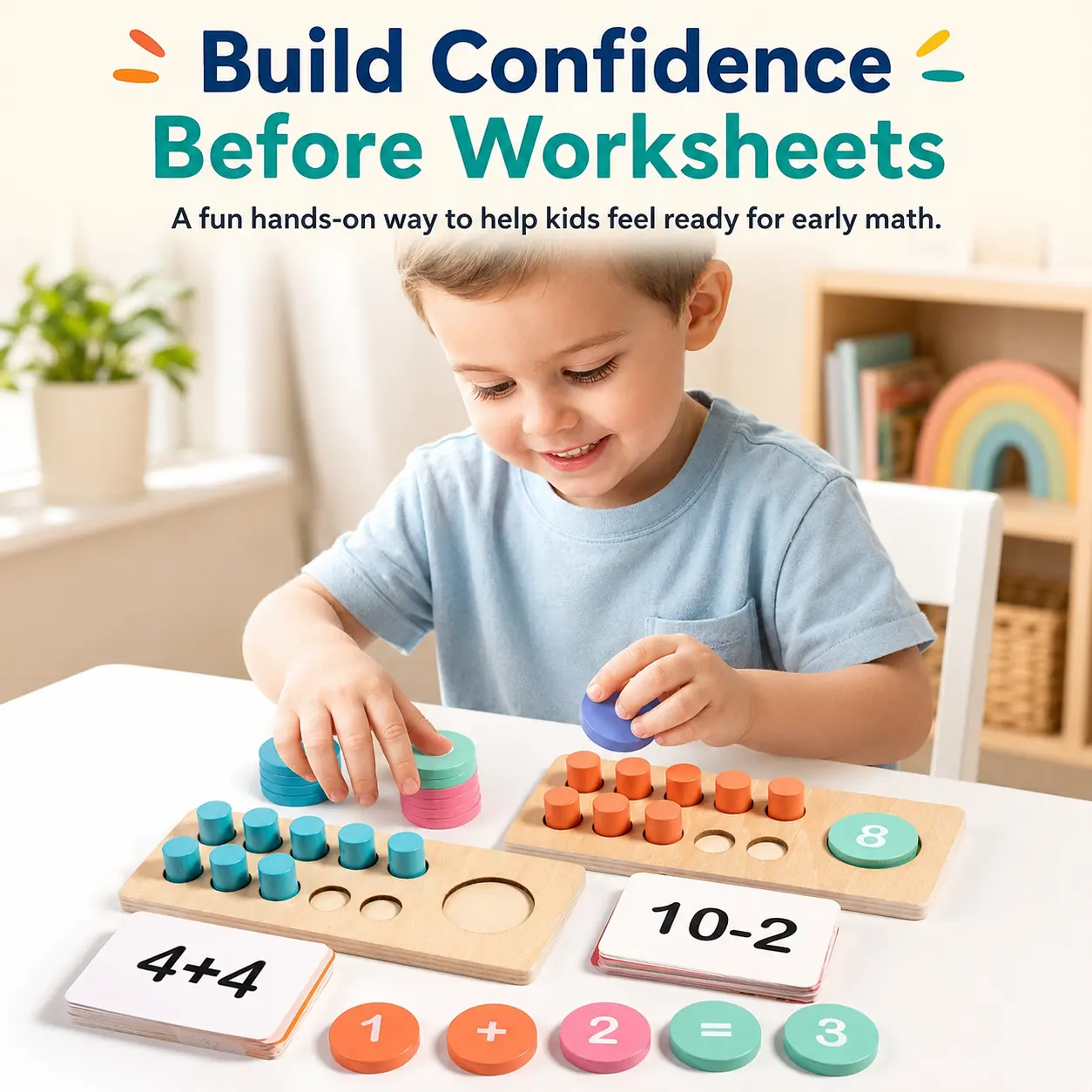 Unisex Smooth Wooden 10-Frame Counting Board Math Teaching Aid - Hands-On Math Learning Toy with 90 Cards, Addition-Subtraction Game, Number Bonds, 3-4 Years Preschool Kids Gift Toyset Table Math Games