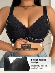 Women's Plus Size Lace  Wireless Bra, Full Coverage Push-Up Front Zipper, Cover Side Breasts Wide Adjustable Straps, Comfortable Breathable, for Daily Wear