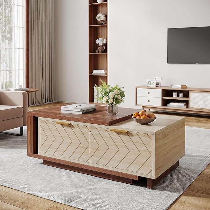 Tribesigns Extendable Coffee Table, 42"-65" Length Adjustable Reversible Wood Coffee Table with 2 Storage Drawers for Living Room, Large Long Rectangular Dual-Tone Center Table, Walnut & Oak