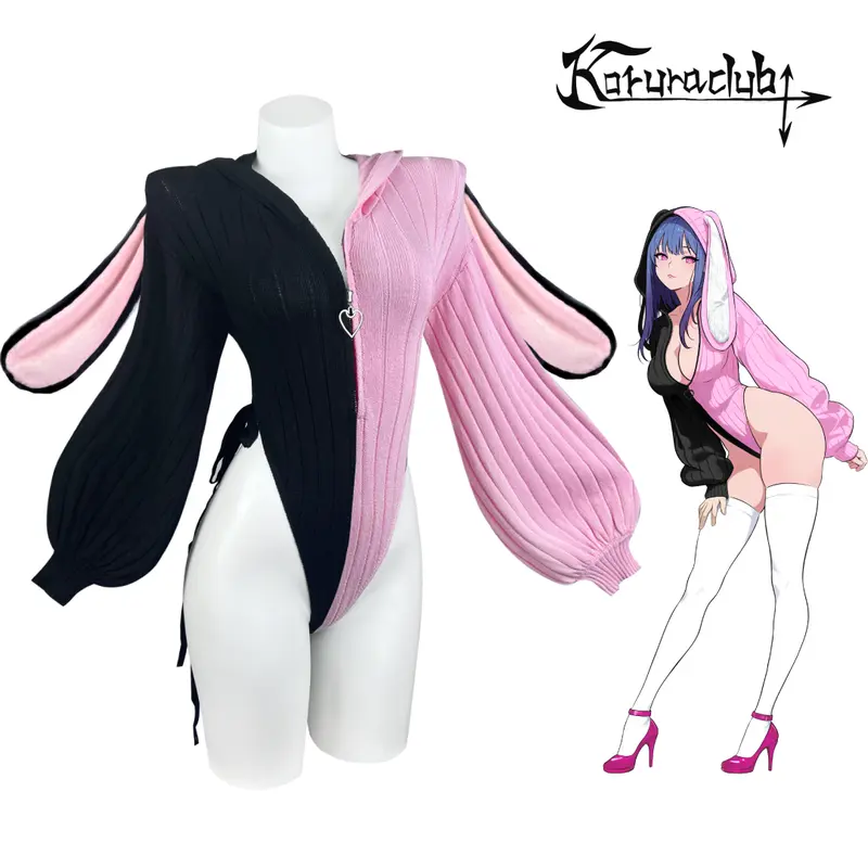 KORURACLUB Women’s Fitted Knitted Rabbit Suit - Soft, Sexy, Matching Fuzzy Ears Fabric Jumpsuit, Women’s Cosplay Streetwear Outfit