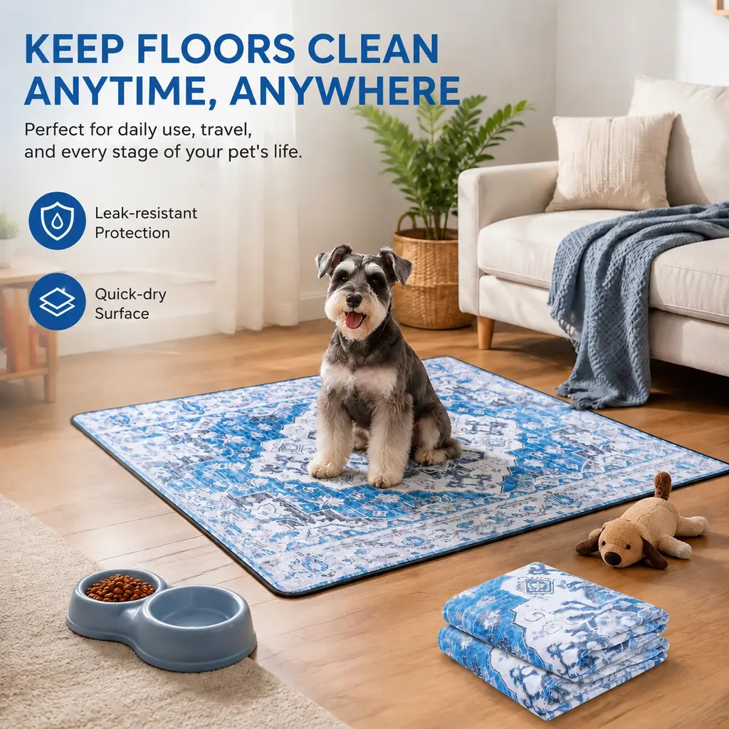 Reusable Washable Dog Pee Mat, Vintage Printed Leak-Resistant Non-Slip Pet Floor Pad, Foldable Pet Training Pad for Home & Travel Use