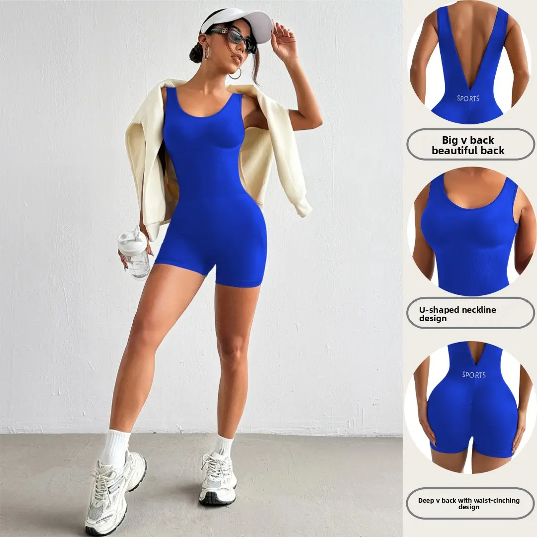 Women's Deep V Neck Yoga Bodysuit Tummy Control High Waist Short Leggings Seamless Fitness Outfit Tummy Control Sports Jumpsuit for Gym Workout Training