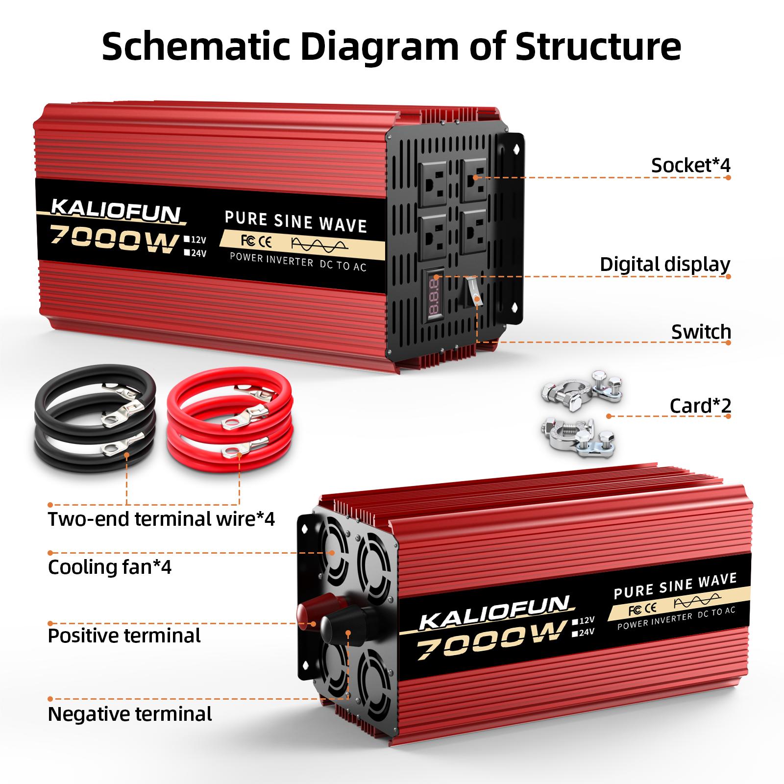 KALIOFUN 7000 W Pure Sine Wave Inverter, 1 unit, 12 V DC to 110 V AC, voltage display, 4 standard US outlets, hardwired, suitable for home, outdoor, and camping use, car inverter, no battery required