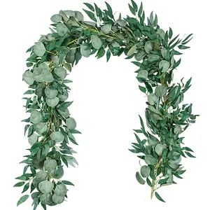 2 counts Artificial Eucalyptus Garland with Willow Leaves, 6.5 Ft Fake Greenery Vines Swag for Room Wedding Farmhouse Table Runner Doorways Indoor Outdoor Decor