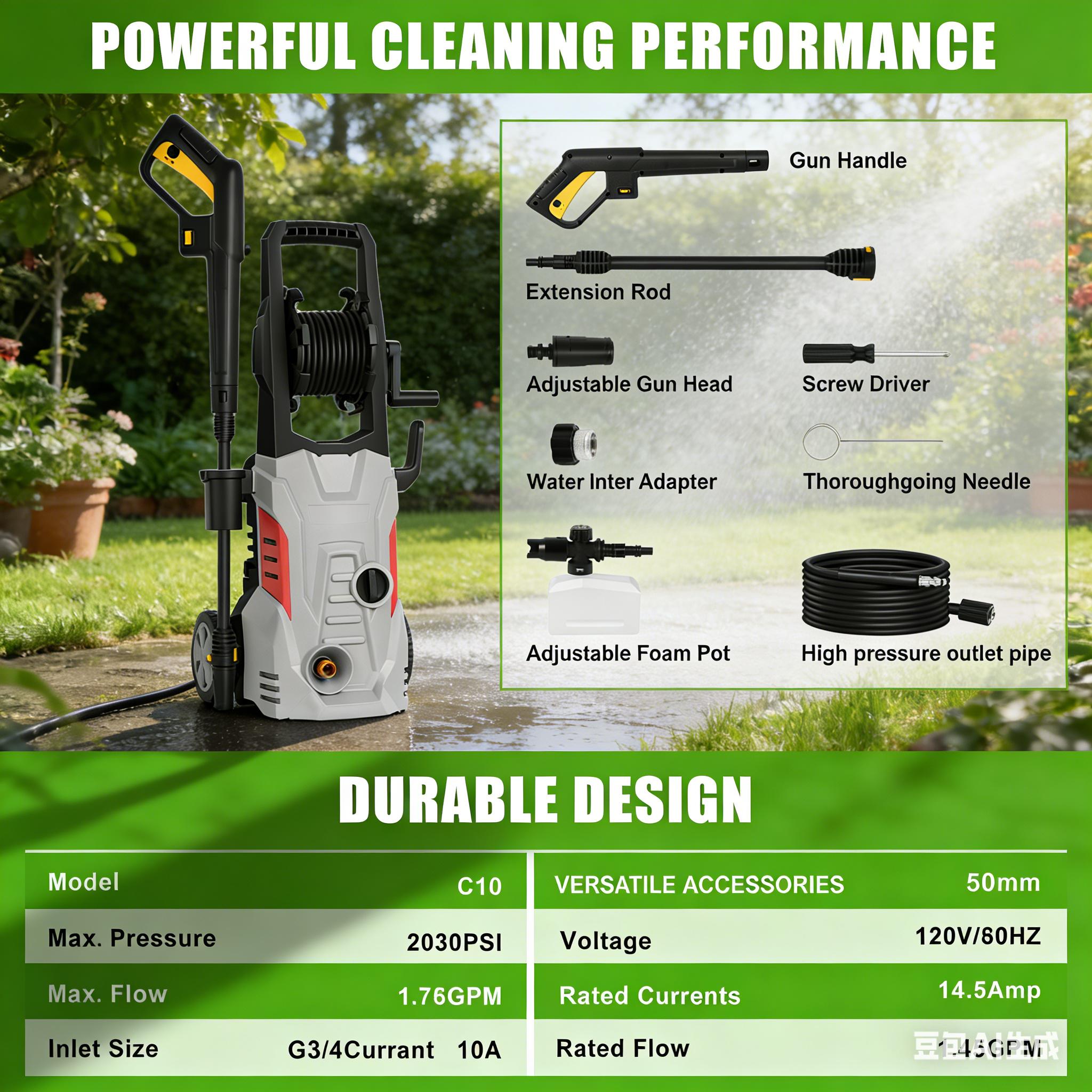 Electric high-pressure washer, US plug, metal construction, car fence and yard cleaning tool, includes hose accessories