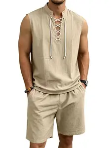 Men's Summer Linen Set, Vintage Medieval Drawstring Loose Fit Vacation, Sleeveless Top and Shorts, Casual Retro Style