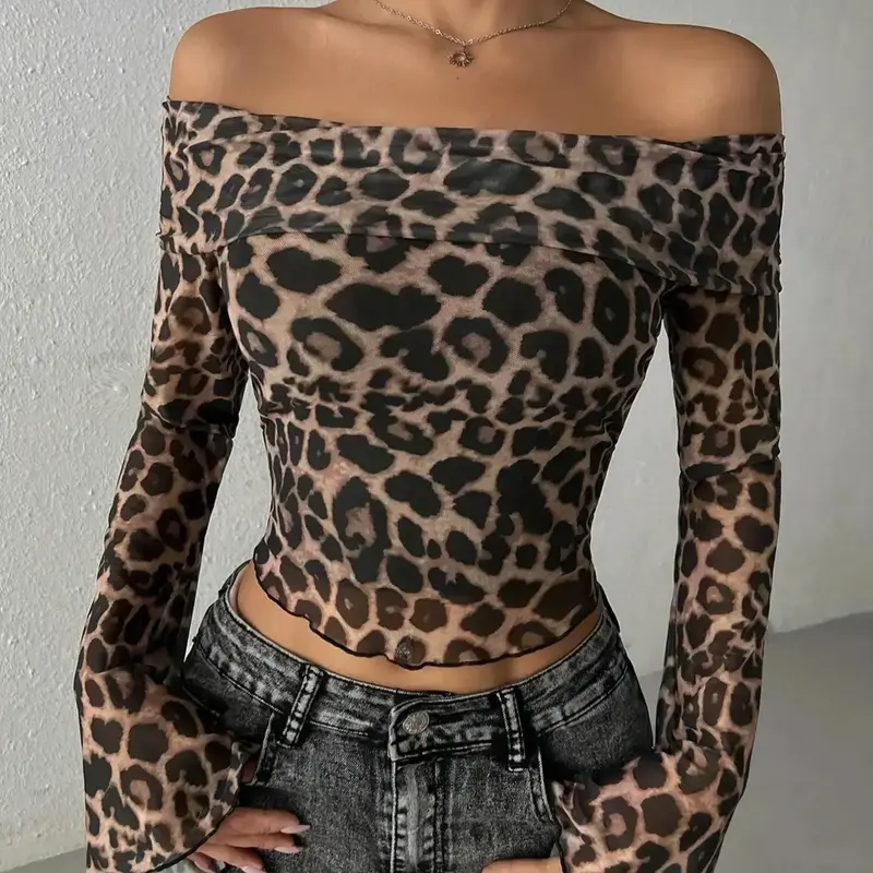 Women's Leopard Print Off Shoulder Long Sleeve Tee, Sexy Fashion Crop T-shirt for Daily Outdoor Wear, Women Clothing for Spring Fall, Top, Lady, Womenswear