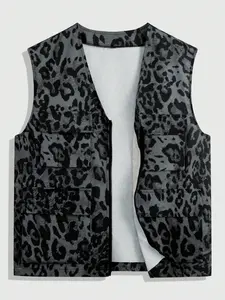 Men's Leopard Print Pocket Vest Blazer, Regular Fit Casual Sleeveless Outerwear for Daily Wear, Fashion Men's Clothes for All Seasons, Tops