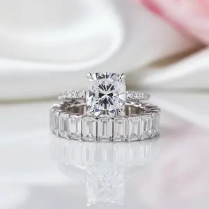 Cushion Cut Engagement Ring & Emerald Cut Wedding Ring Set