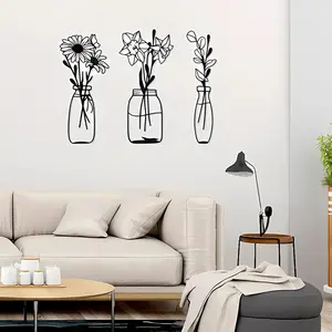 3 Piece Metal Flowers/vases Wall Décor Minimalist Art Wall Sculpture Daffodils Chrysanthemum Hand Hanging Hollow Plants Hangable Lightweight Ornaments