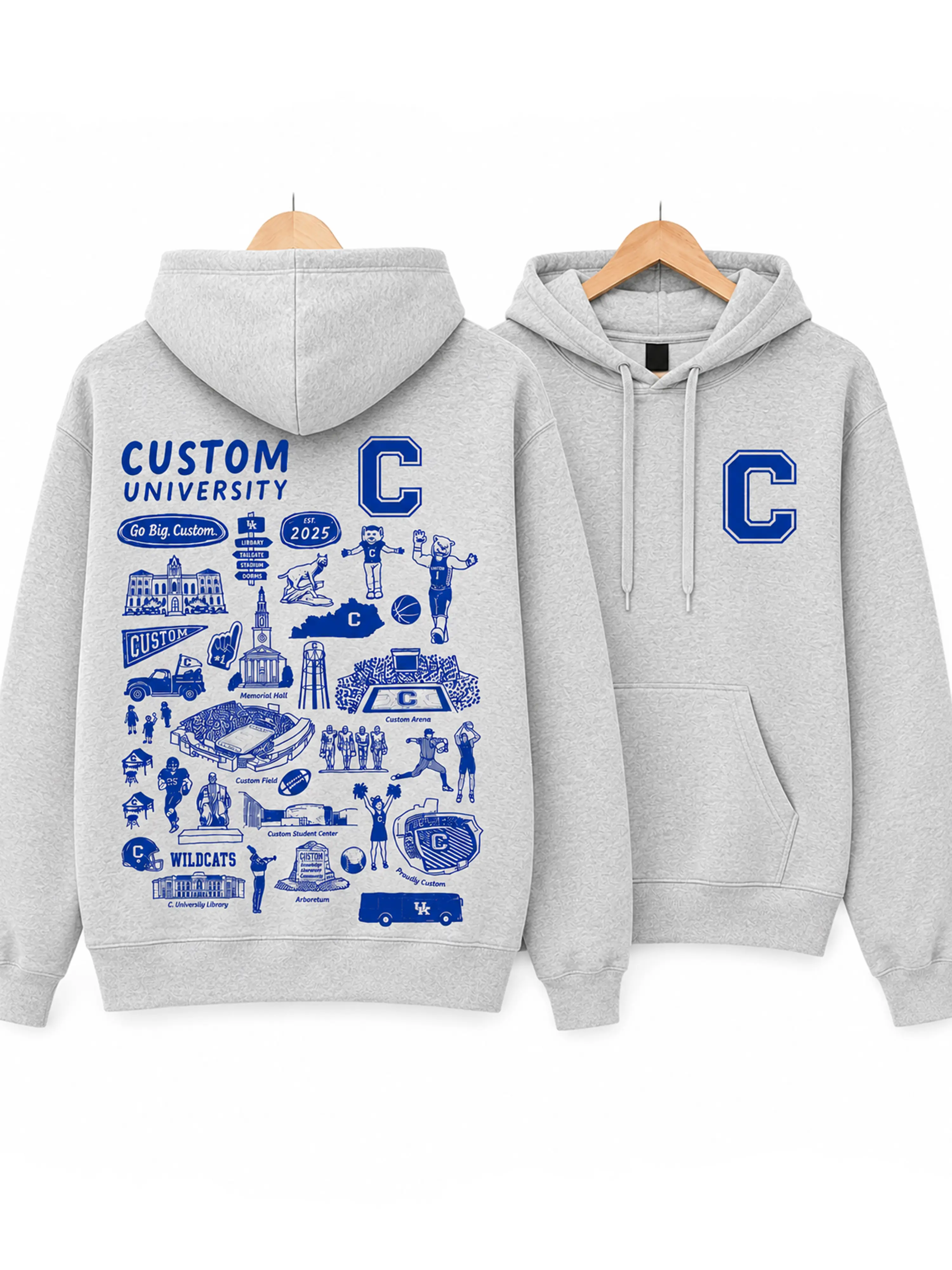 Custom University Hand Sketched Hoodie - Ash Grey, Personalized College Shirt, Game Day Outfit, Gift for Sport Fans, Menswear & Womenswear
