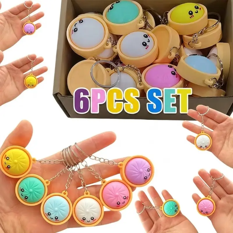 Gift for Her/Him Keyrings Pack, 6-Piece Set of Cute Dumpling Keychains for Classroom Prizes and Goodie Bag Stuffers, Bun Dumpling and Steamer Keyrings, Bag Charms and Pendants for Birthday and Mother's Day Gifts, Treasure Chest Box Prizes
