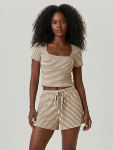 Katch Me Cozy Women's Casual Stripe Square Neck Short Sleeve Crop Top & Drawstring Decor Shorts Co-ord, Summer Two Piece Sets, Anti-Pilling & Breathable Outfit