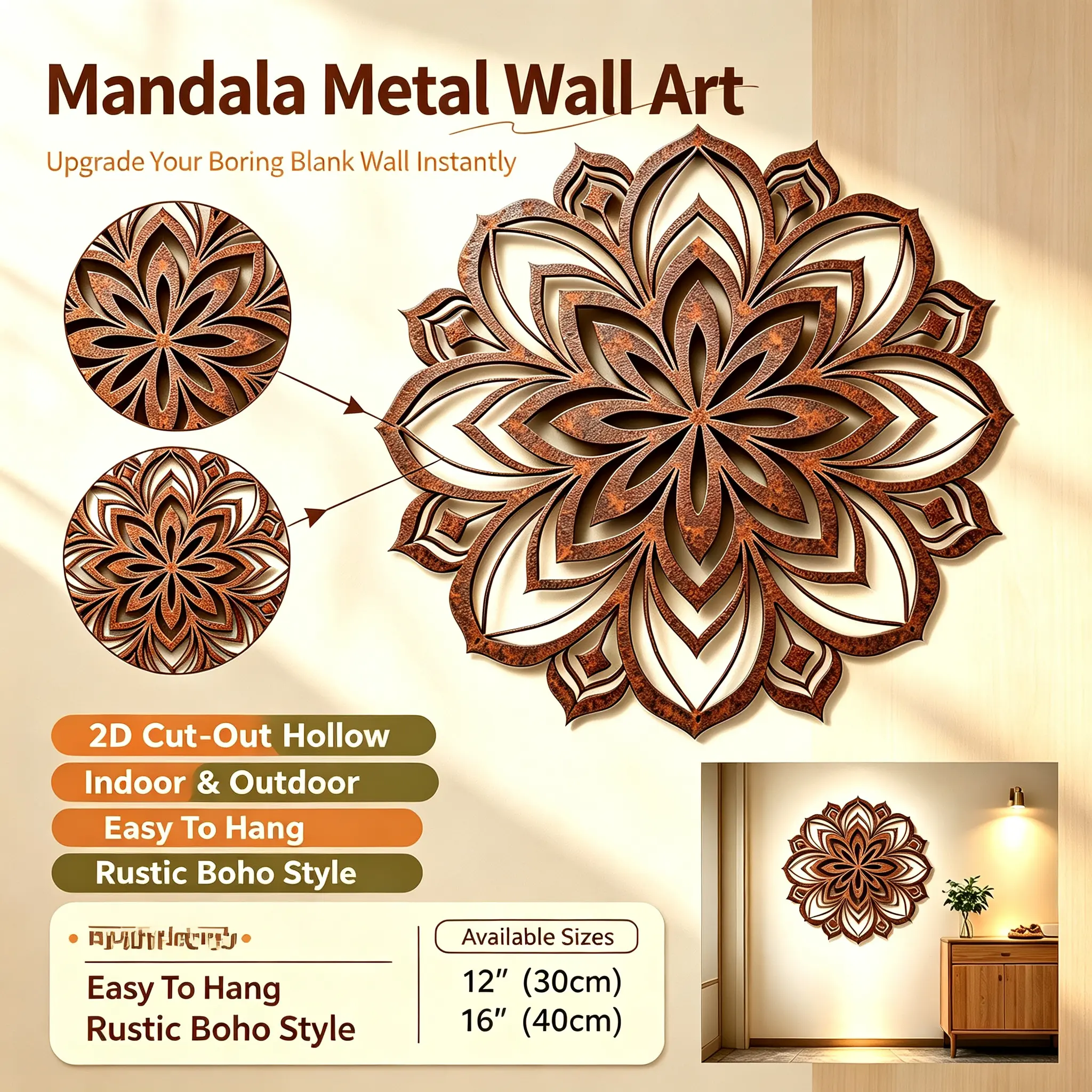 Lotus Metal Wall Art, 2D Hollow Vintage Bohemian Metal Wall Hanging, 12 inches x 16 inches, Indoor Living Room Bedroom Courtyard Garden Home Wall Decor Hanging Ornament  Modern Gold Feminine Wall Decor  teacher door hanger  boho wall hanging