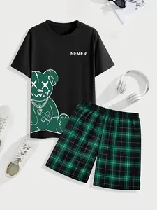 Men's Sleepwear Set, T-Shirt with Dark Bear Print and Never Slogan, Classic Plaid Shorts, Street Style Casual Fit, Pajama Set