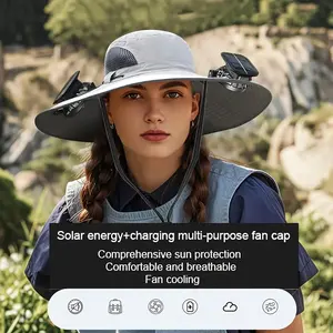 Solar Powered Outdoor Fishing Fan Hat, Wide Brim Solar Fan Outdoor Fishing Hat with 2 Fans Solar Power, Waterproof Outdoor Hiking Camping Fishing Hat Grey