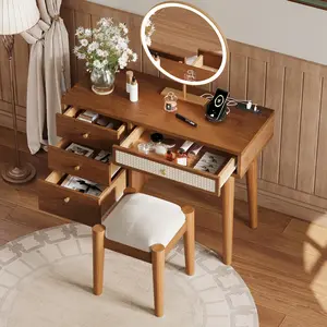 39" Retro Bohemian Style Wooden Makeup Vanity Set with Charging Plug&USB Port and Stool, Dressing Table with 3 Storage Drawers and 1 Rectangular Rattan Drawer