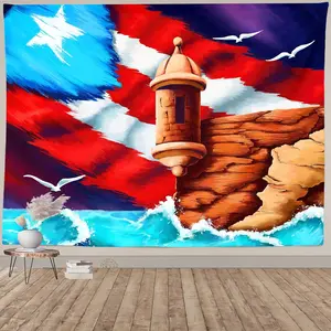 Puerto Rico Coastal Flag Tapestry Aesthetic Bohemian Wall Hanging Tapestry Building Coast Backdrop Wall Art for Bedroom Studio Dorm Living Room Decor (80x60In)