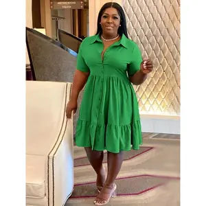 Plus Size Shirting Dress - Lapel Collar, Non-Stretch Polyester, Solid Color, Short Sleeve, Ruffle Hem, Hand Wash or Dry Clean, Perfect for Summer Vacation and Casual Wear Elegant Chic Womenswear Spandex Comfort Fabric Created-Emerald Green Shortsleeve