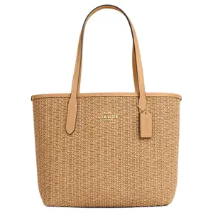 COACH City 23 Tote Bag with Metal Logo and Straw-Trimmed Leather in Latte for Women