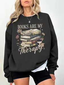 Women's "Books Are My Therapy" Vintage Graphic Sweatshirt - Black Oversized Pullover with Book & Coffee Print, Literary Casual Top for Book Lovers