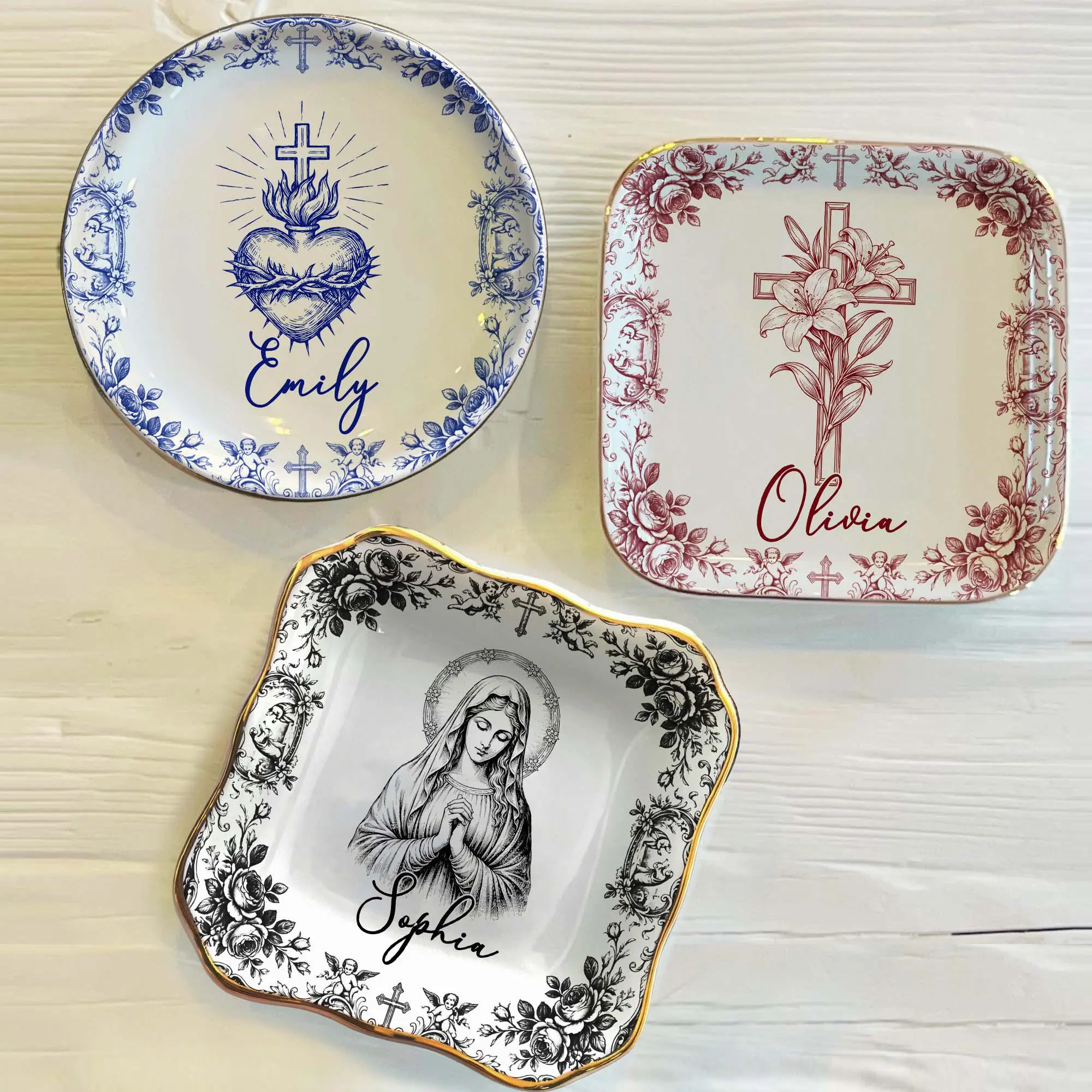 Personalized Sacred Heart and Cross Jewelry Dish, Custom Name Catholic Gift, First Communion Trinket Dish, Confirmation Baptism Ring Tray Unique Gift for Her