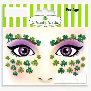 St Patrick's Day Face Gems, Festive Glitter Clover and Lucky Four-Leaf Clover Stickers, Colorful Shiny Makeup Flowers, Self-Adhesive, Easy to Apply