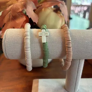 Green and Tan Cross Beaded Bracelet Stack