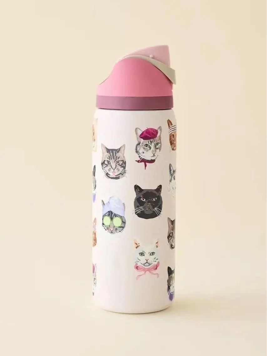 [New] FreeSip 32oz Cute Cat Print Vacuum Insulated Stainless Steel Flask, Leak-Proof Straw Lid Drinkware, Portable Water Bottle for Cat Lovers, School, Flasks