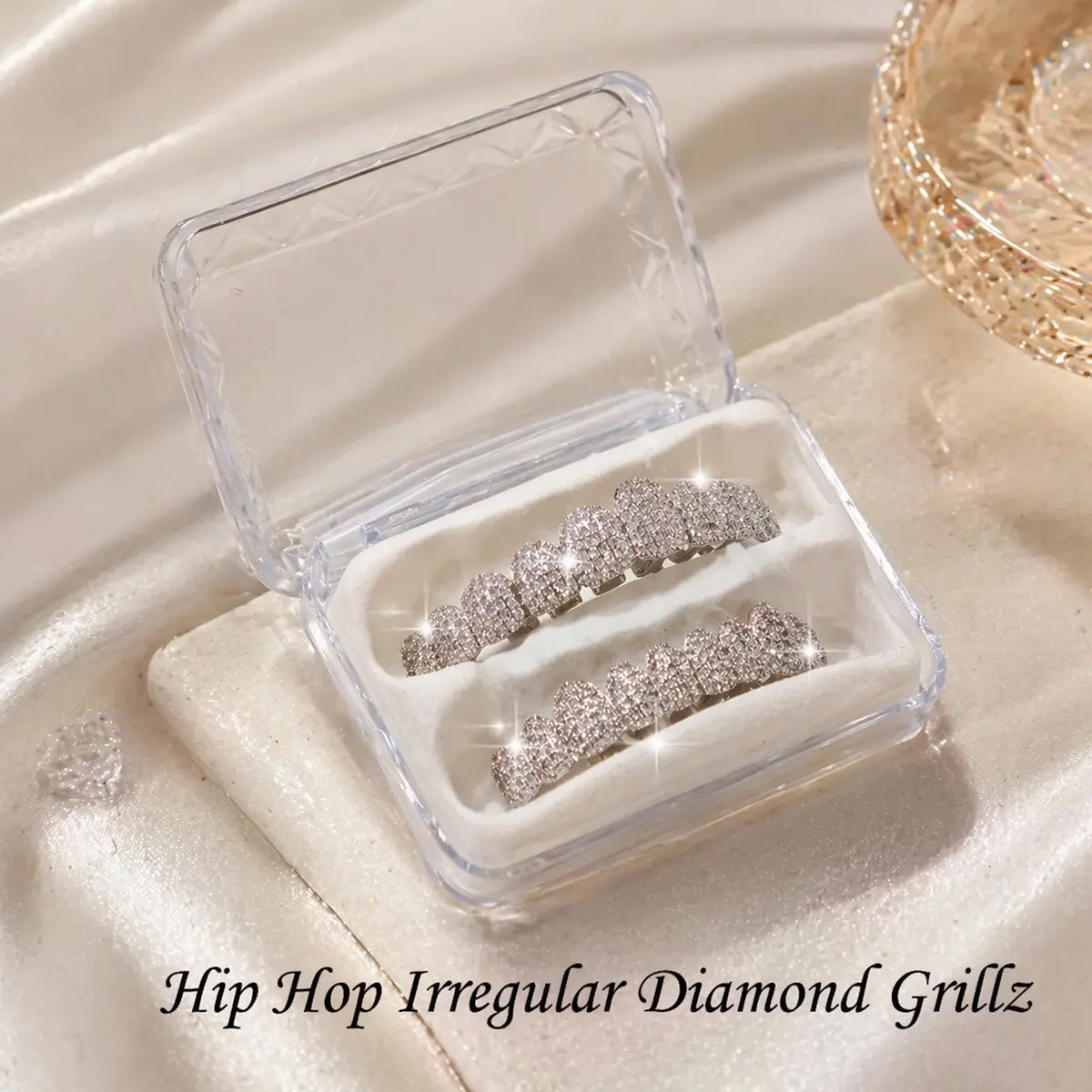 Iced Out Teeth Grillz, 2-Piece Silver Top and Bottom Set with Micro-Paved CZ, Custom Fit with Silicone Molds, Hip Hop Costume Teeth Accessory, Dental Accessories, Rhinestones, Oral, Unscented, Hot Soak Mold, Box, 200G, Artificial Gemstones