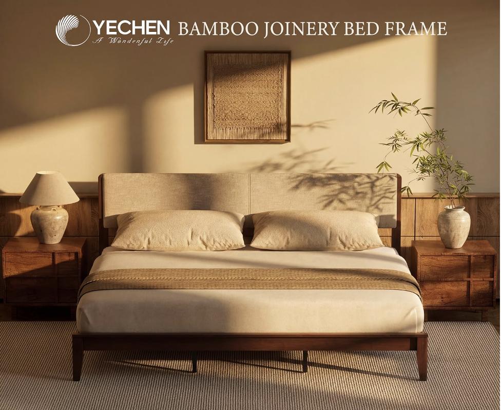 Yechen Bed Frame, Bamboo Platform Bed with Headboard, Noise Free Wood Slats and Metal Beam Support, Easy Assembly with Mortise & Tenon Joint, No Box Spring Needed, Japanese Style, (Queen, King) (Natural, Walnut)