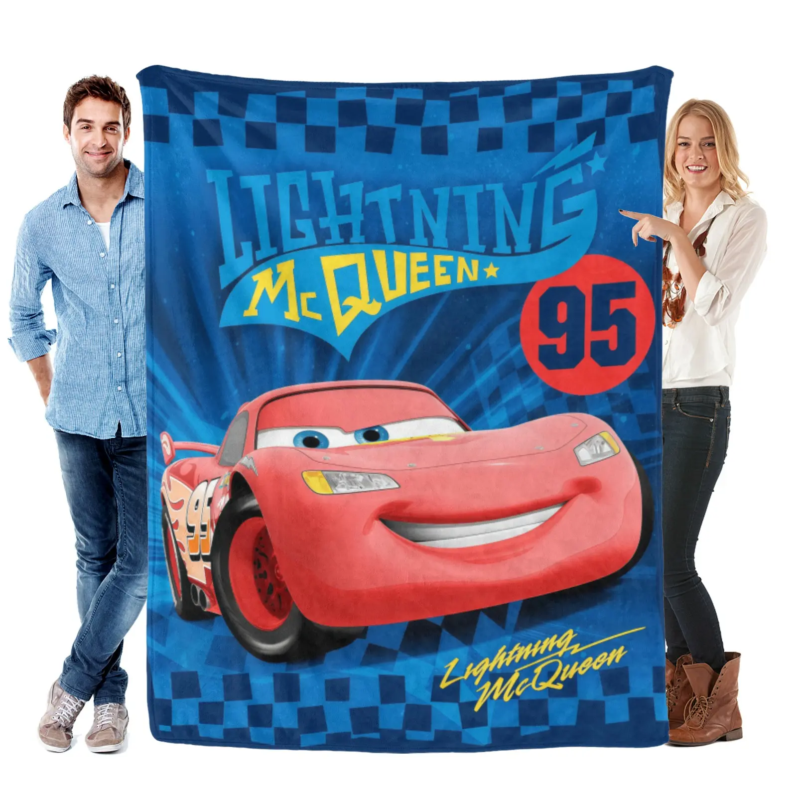 [Summervibes] Disney Blue Checkerboard Lightning Mcqueen Portrait Blanket, Washable Flannel, Disney Race Car Blanket For Boys Bedroom Styling
