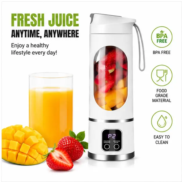 2-in-1 Cordless Rechargeable Juicer Blender Cup, Battery-Powered Handheld Ice Crusher, USB-Charged Mini Smoothie Maker with Digital LED Display, Leak-Proof Personal Mixer for Fruits Vegetables Protein Shakes Baby Food, Ideal for Gym, Cordless Rechargeable