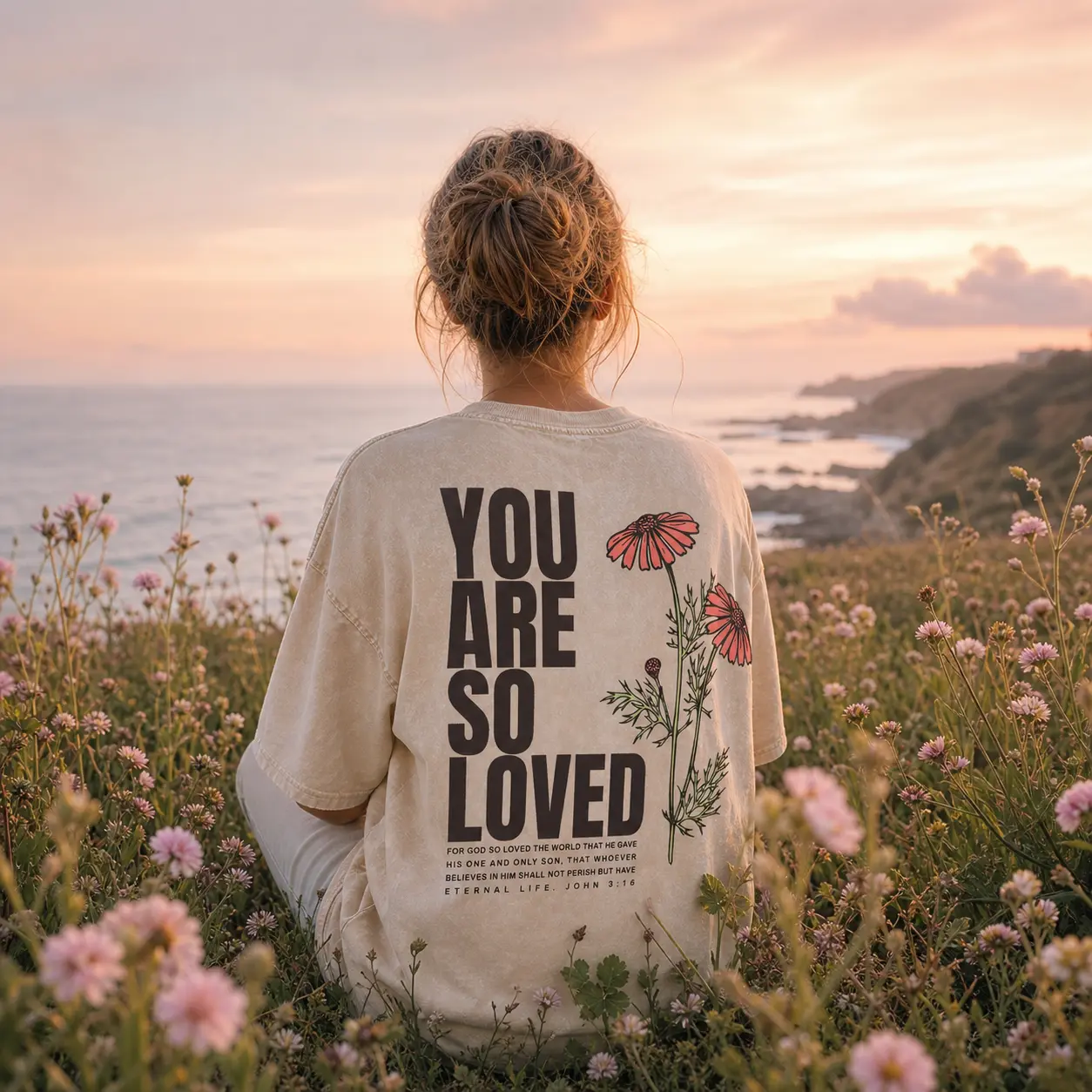 Women's Vintage Charcoal Grey Floral Christian Short-Sleeve Streetwear Top, John 3:16 "You Are So Loved" Heavyweight Oversized Casual Everyday T-Shirt