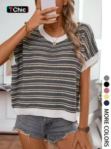 Elegant Women's Spring Summer Fashion Casual Home Beach Vacation Commute Knitted Hollow Striped Pullover Short Sleeve Loose Fit Elegant Casual Jumper Vest Knitwear Tops Knit Flowy Top Womenswear