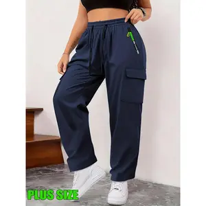 Plus Size, Women's Plus Size Wide-Leg Pants with Elastic Waist & Cargo Pockets - Full-Length Trousers for Office, Casual & Outdoor Wear, Spring/Fall Trousers (Adjustable Drawstring, Belt-Free) - Heavy-Duty Workwear Pants