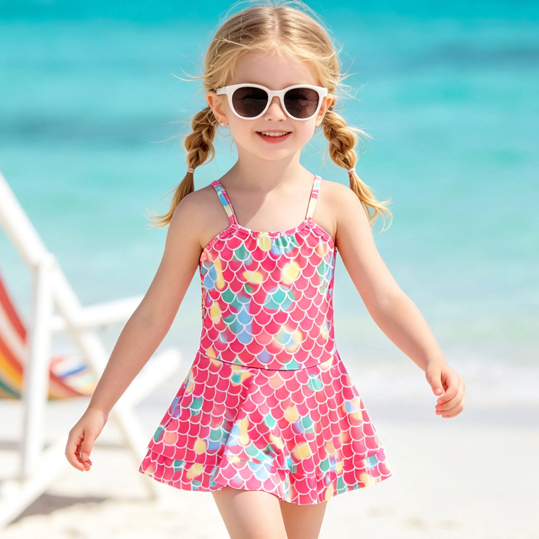 Toddler Girls' Pink Mermaid Scale Swim Dress, Skirted Swimsuit for Summer Vacation & Pool Party Childrens Swimwear