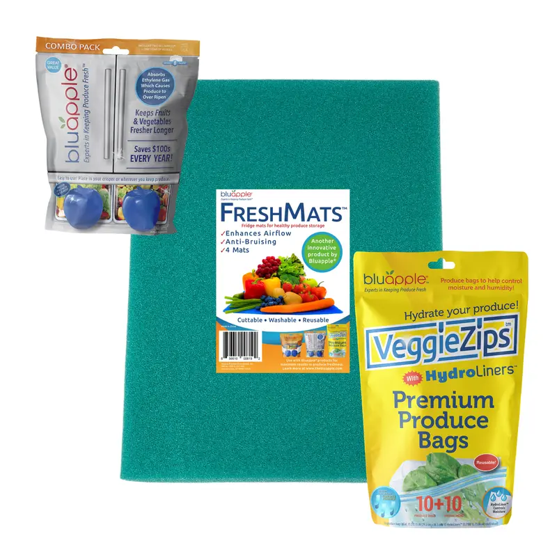 Bluapple Classic Premium Freshness Trio Pack - Includes 2 Bluapples, FreshMats, VeggieZips with HydroLiners for Long-Lasting Produce Freshness