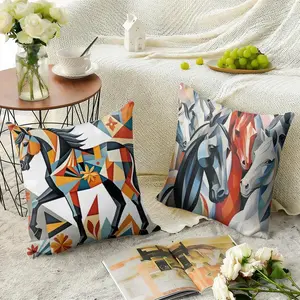 Classic Horse Mural Cool Cushion Cover Natural Linen Cushion Cover, Summer Cool Double-Sided Digital Print Pillow Case with Hidden Zipper, Soft Breathable Machine Washable Throw Pillow, Fresh Home Decor for Living Room Bedroom Sofa Couch Gift