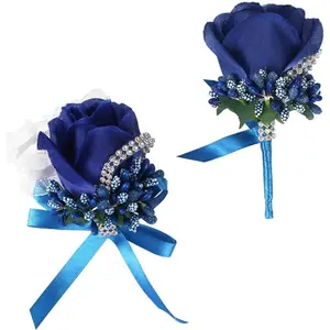 Wanlian Rose Wrist Corsage & Boutonniere Set for Wedding, Prom, Party-Hand Flower Decoration, Set of 2 (Blue)